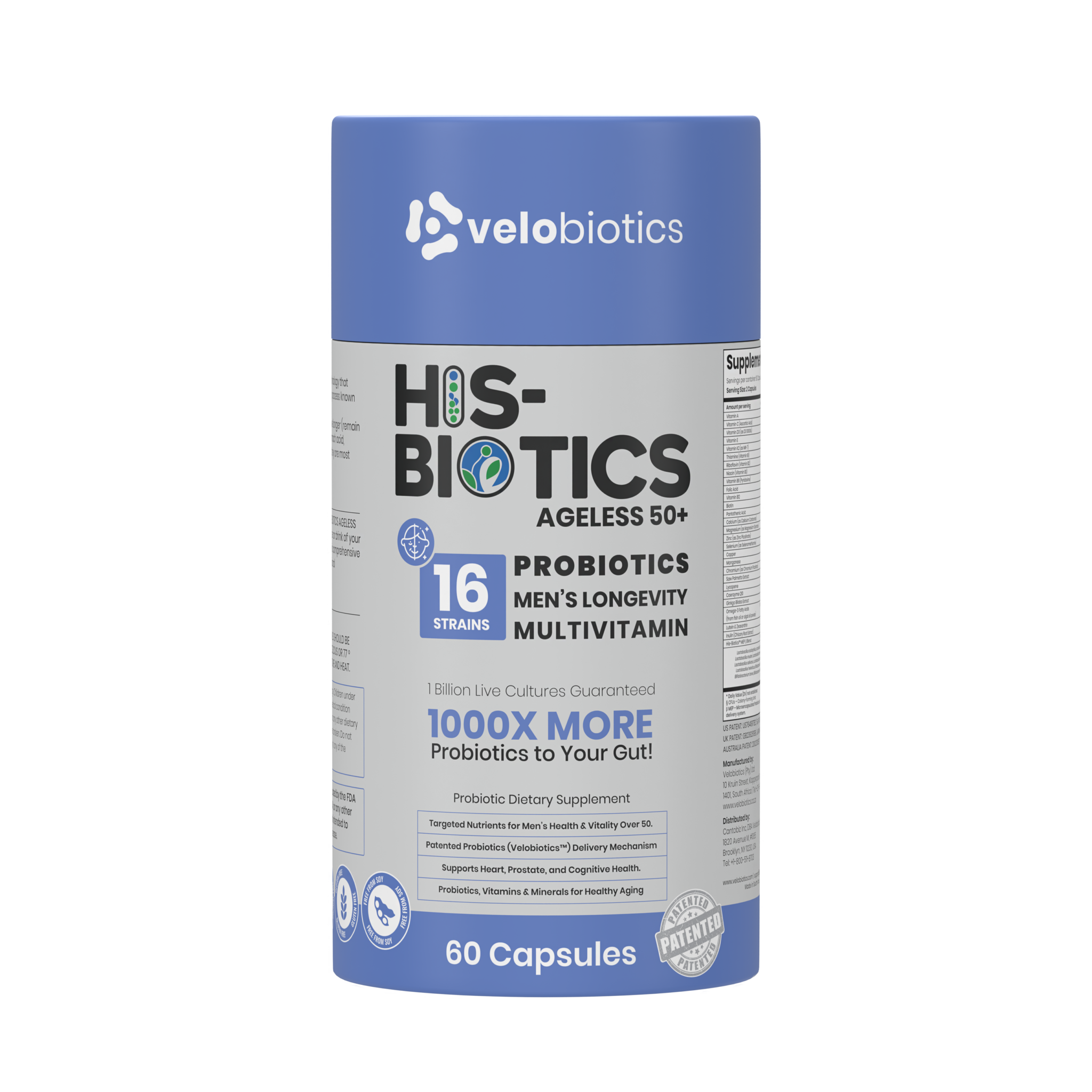 His-Biotics Ageless 50+ men's multivitamin probiotic supplement with 16 strains for heart, prostate, and cognitive health, 60 capsules.