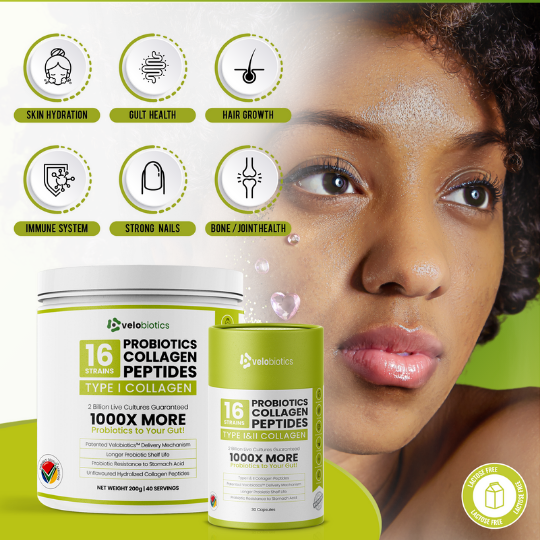 Velobiotics™ Probiotics Collagen for skin, hair growth, gut health, immunity, and joint support.