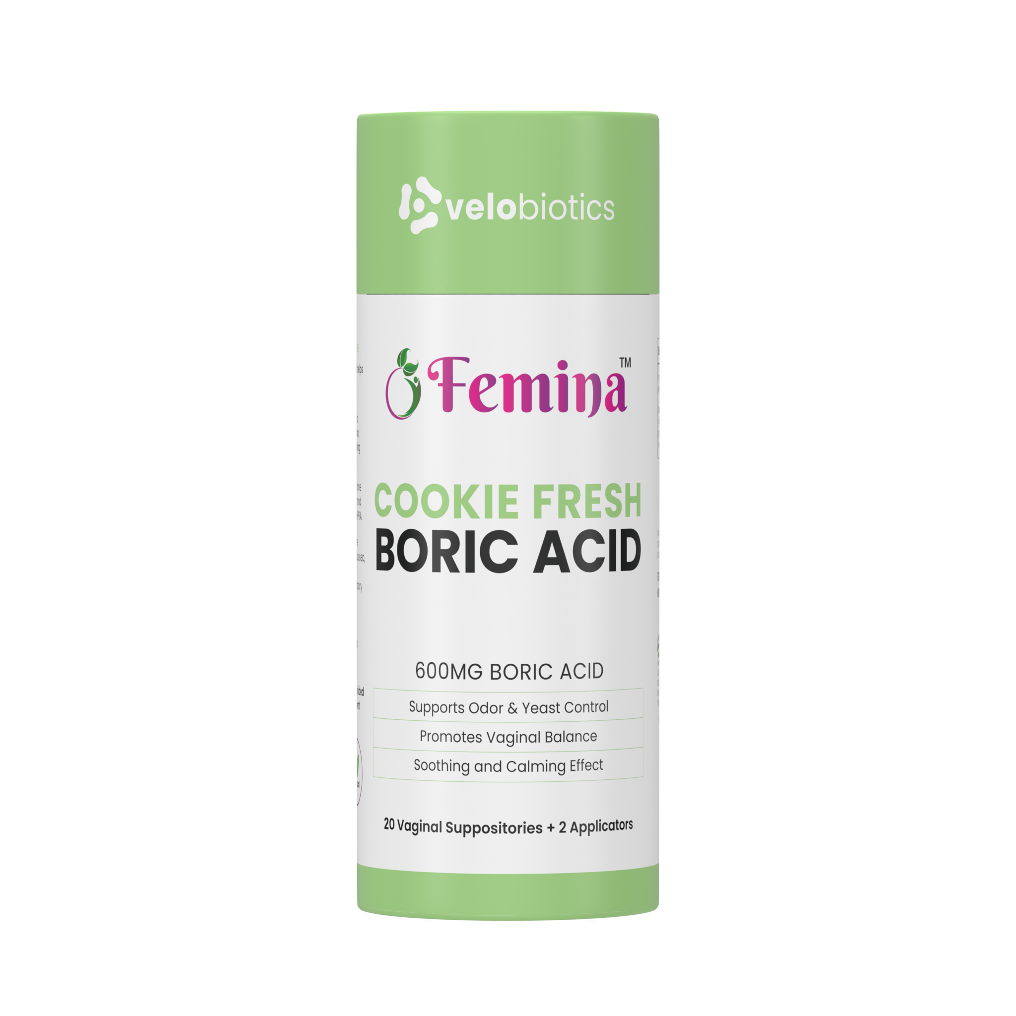 Femina™ Cookie Fresh Boric Acid Suppositories package with 600mg boric acid, promoting vaginal balance and odor control.