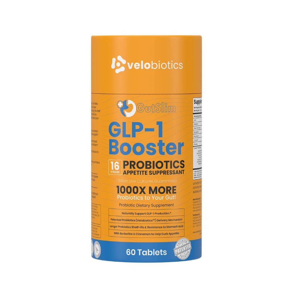 GutSlim Probiotics GLP-1 Booster supplement packaging featuring appetite suppressant benefits and natural gut health support.
