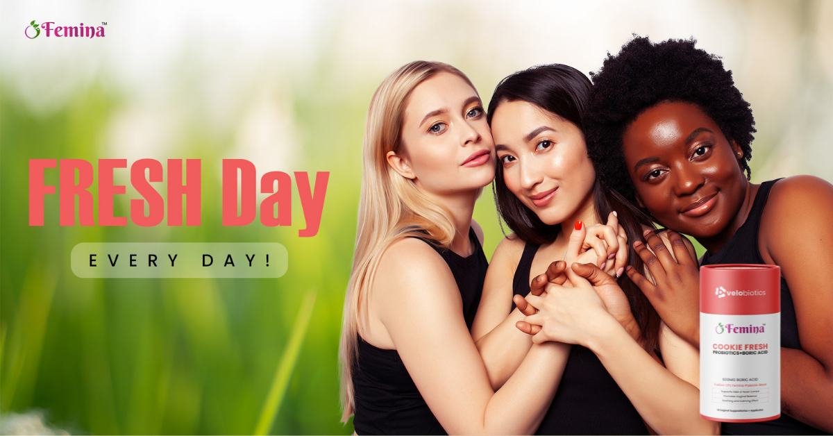 Women promoting Femina™ Cookie Fresh Probiotic Suppositories for intimate health and freshness.