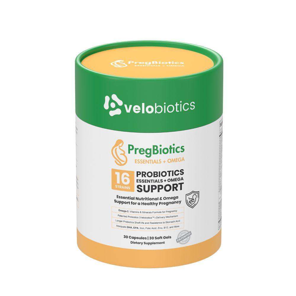 PregBiotics Essentials with Omega prenatal supplement package containing 16 probiotic strains for pregnancy support.