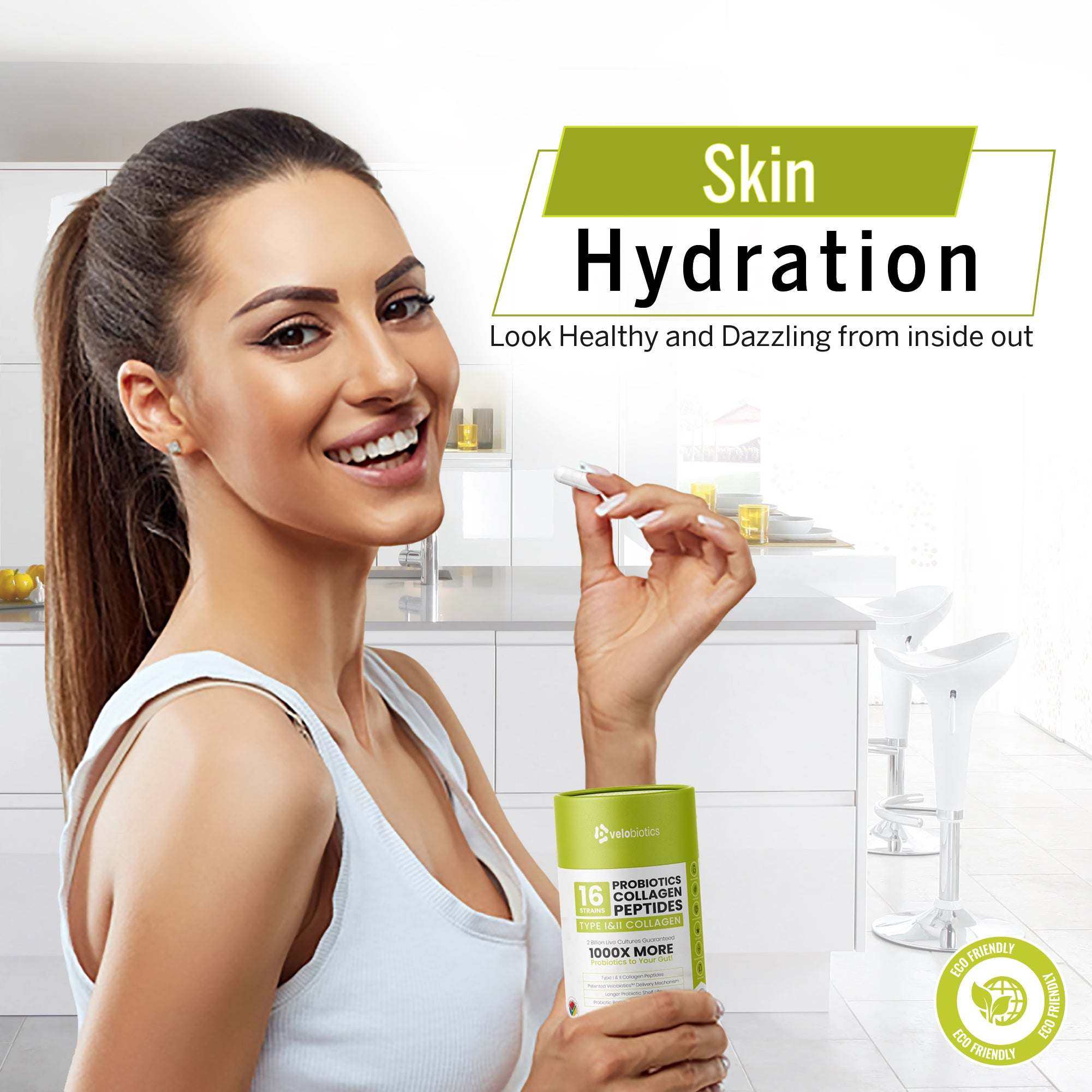 Velobiotics™ Probiotics Collagen Peptides for skin hydration and health.