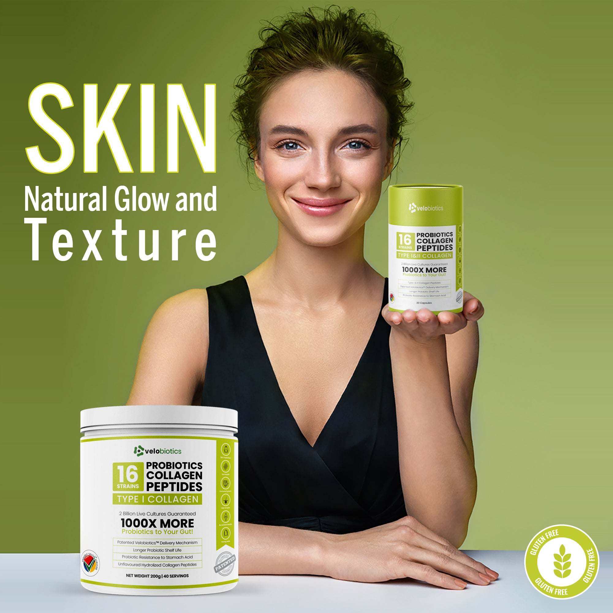 Velobiotics™ Probiotics Collagen Peptides for radiant skin and wellness.