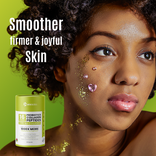 Velobiotics™ Probiotics Collagen capsule showcasing smoother, firmer skin transformation.