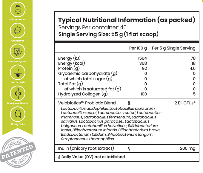 Probiotics Collagen Peptides Powder 200g label showing nutritional information and benefits for skin hydration, gut health, immune system, hair growth, bone, joint health, and strong nails.