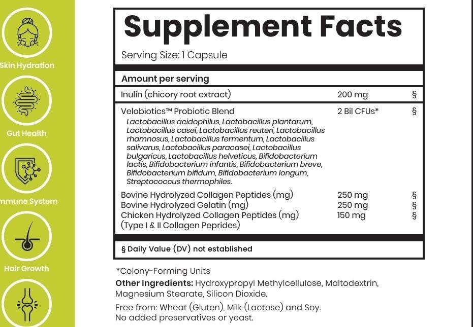 Velobiotics™ Probiotics Collagen supplement facts, showing probiotic and collagen blend details for skin and gut health.