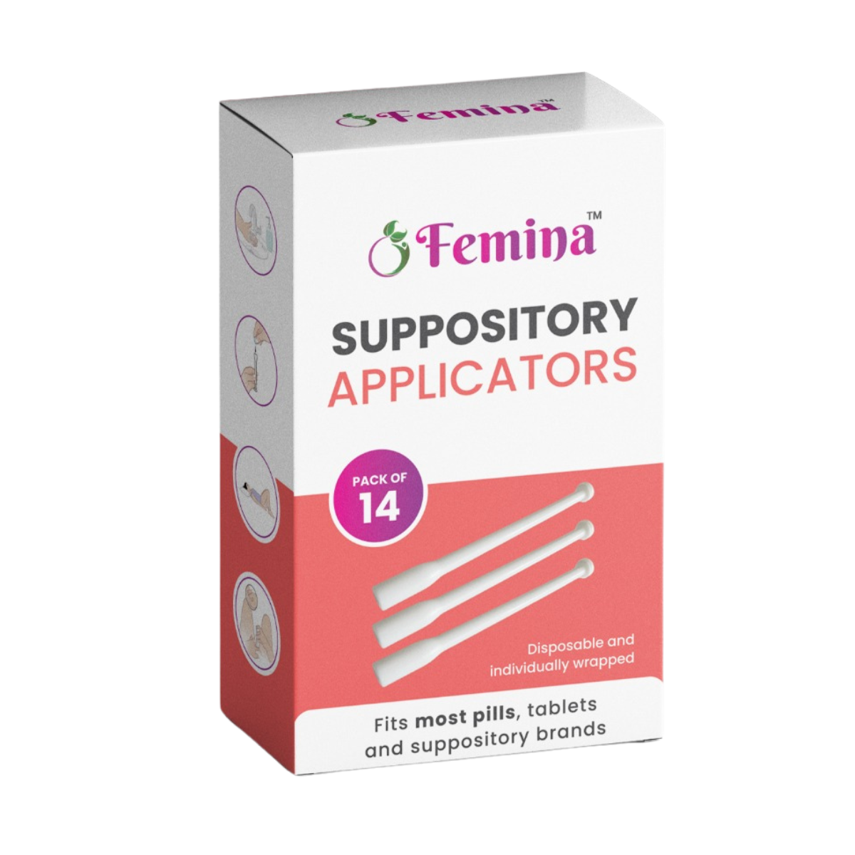 Femina™ Suppository Applicators packaging showing disposable and individually wrapped applicators, pack of 14.